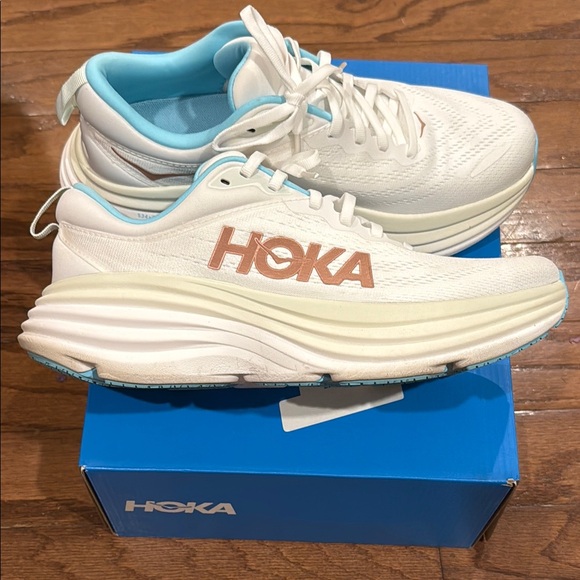 Hoka Shoes - Hoka White and Light Blue Sneakers with Tan Logo